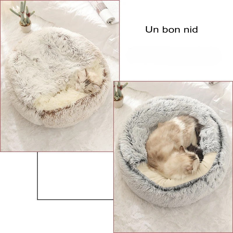 Nid douillet en peluche pour chat & petit chien | Lit rond avec couverture Intégrée
