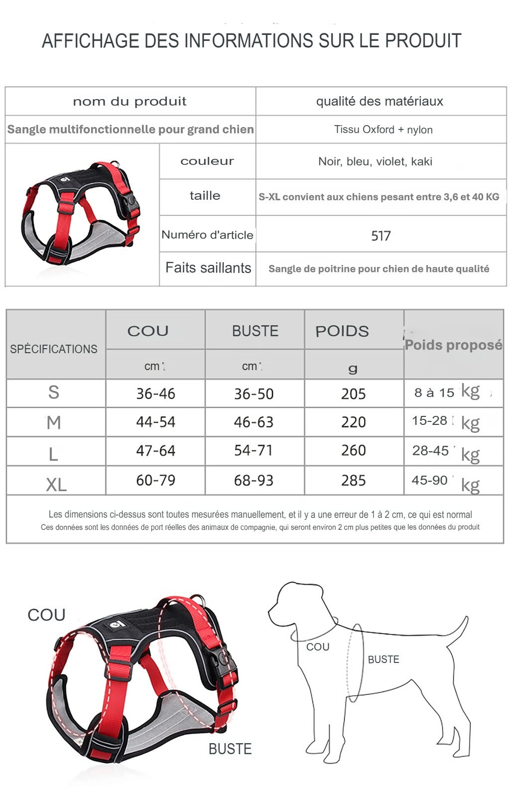 Harnais tactique réfléchissant pour grand chien – Gilet de sécurité imperméable anti traction
