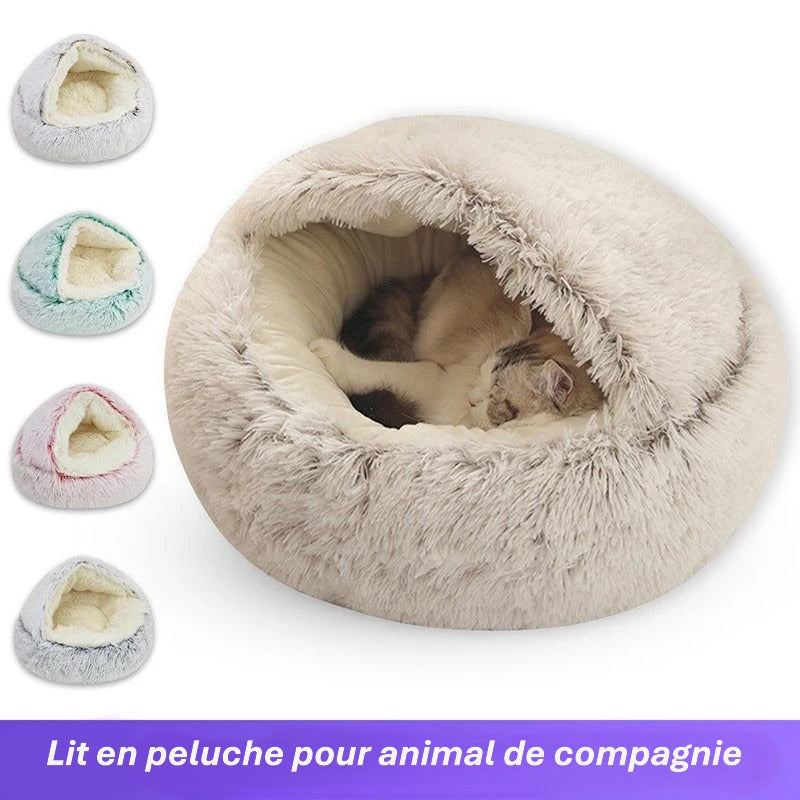Nid douillet en peluche pour chat & petit chien | Lit rond avec couverture Intégrée