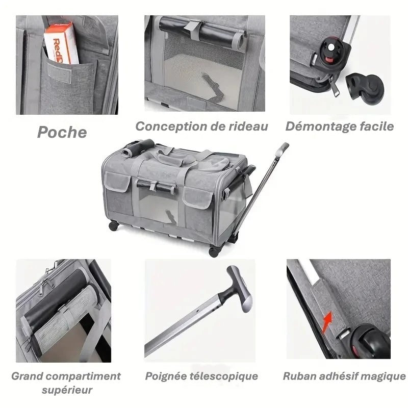 Valise à roulettes extra large pour animaux | Sac de transport pliable et détachable pour chien & chat