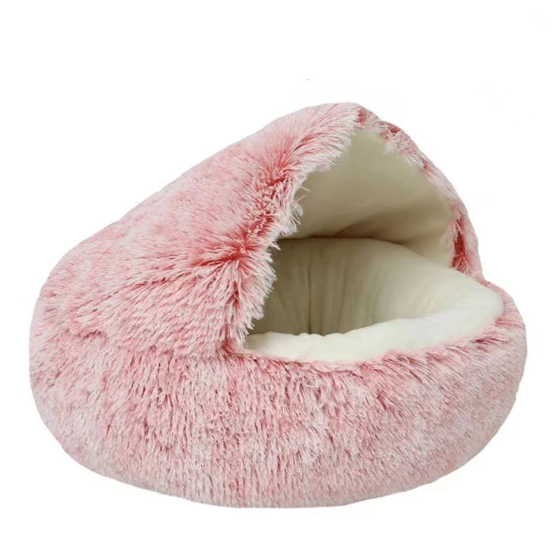 Nid douillet en peluche pour chat & petit chien | Lit rond avec couverture Intégrée