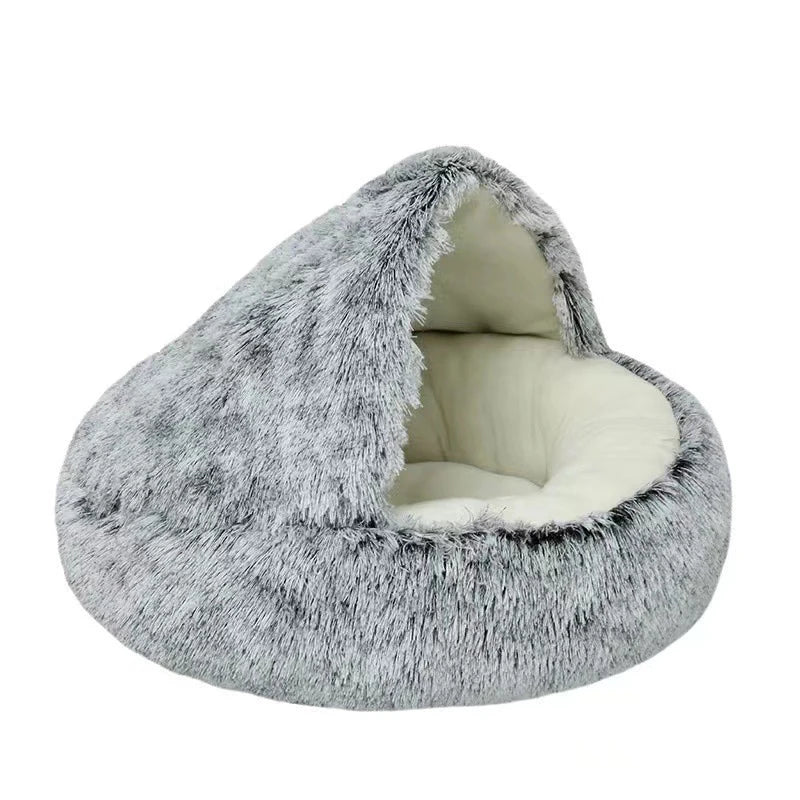 Nid douillet en peluche pour chat & petit chien | Lit rond avec couverture Intégrée