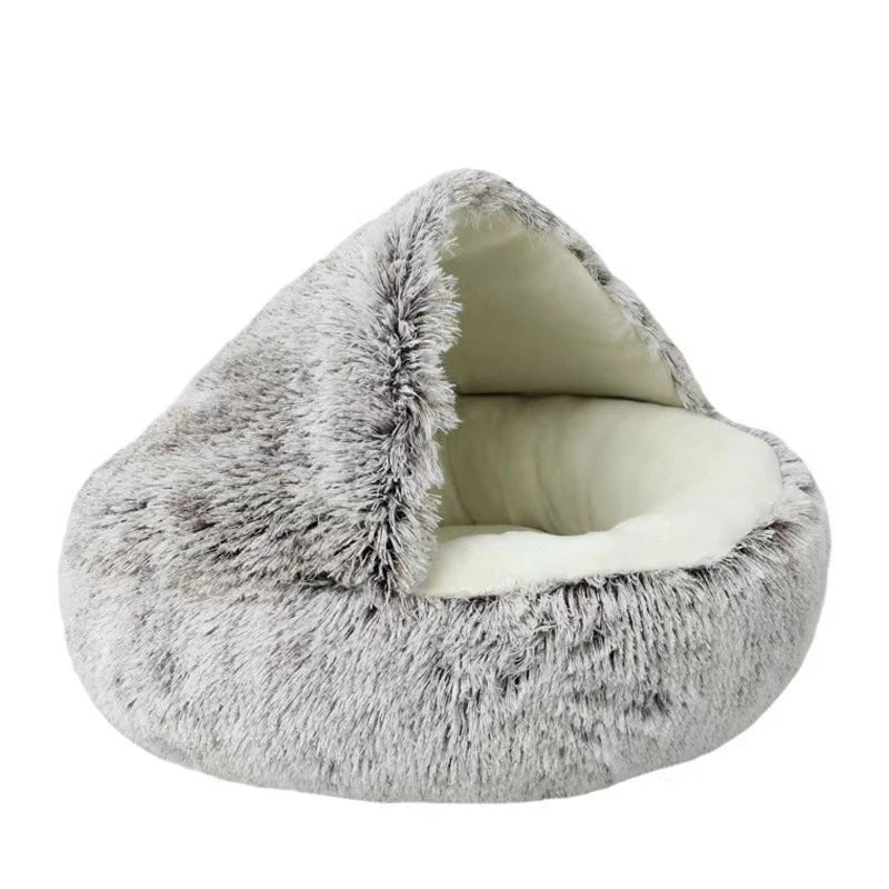 Nid douillet en peluche pour chat & petit chien | Lit rond avec couverture Intégrée